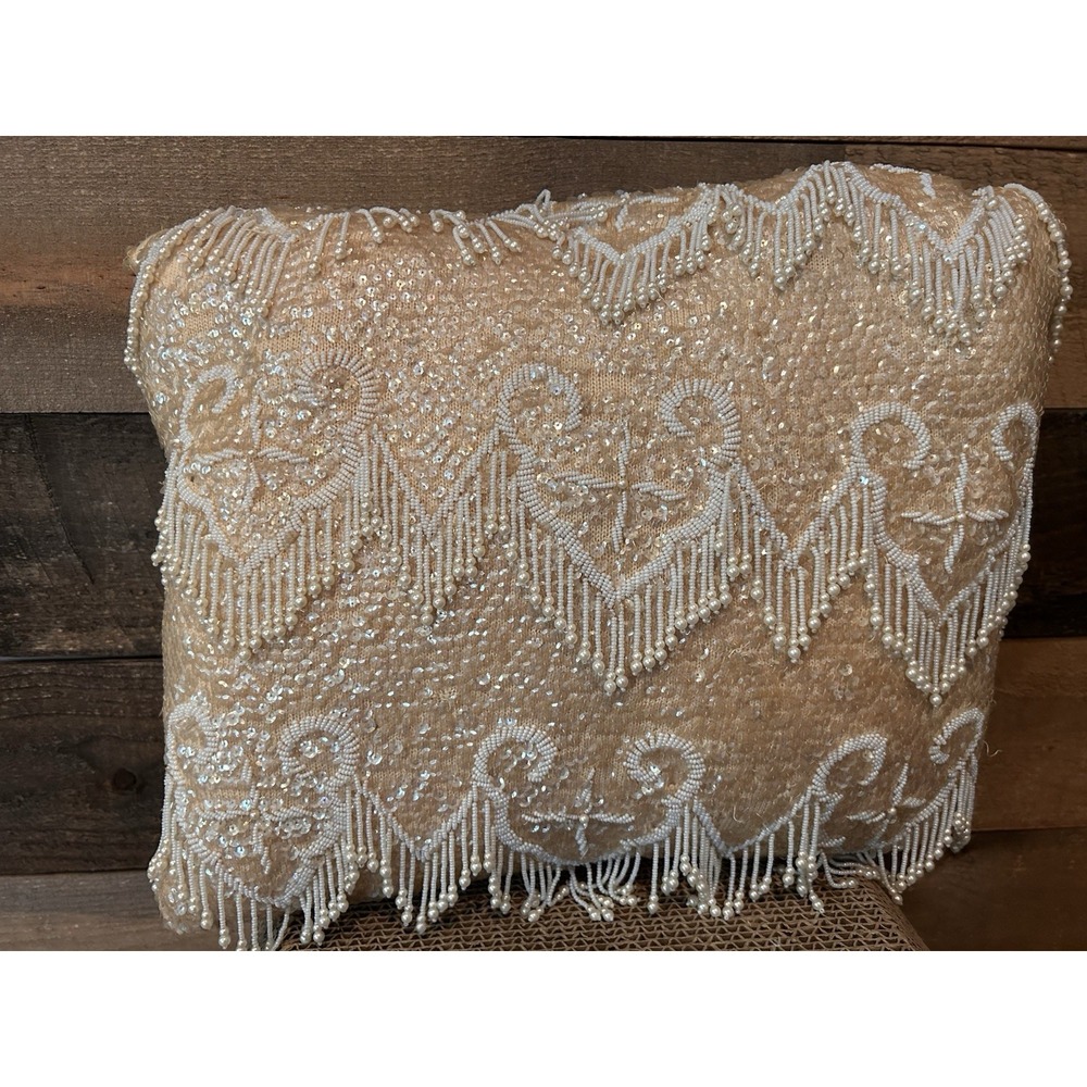 Beaded Decorative Pillow‎ Champaign Tan Ivory Beads Sequence, 14"x17"